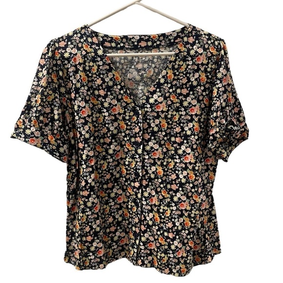 LOFT Tops - Loft Petite Cotton Floral Short Sleeve Shirt - Navy - Tie Sleeves